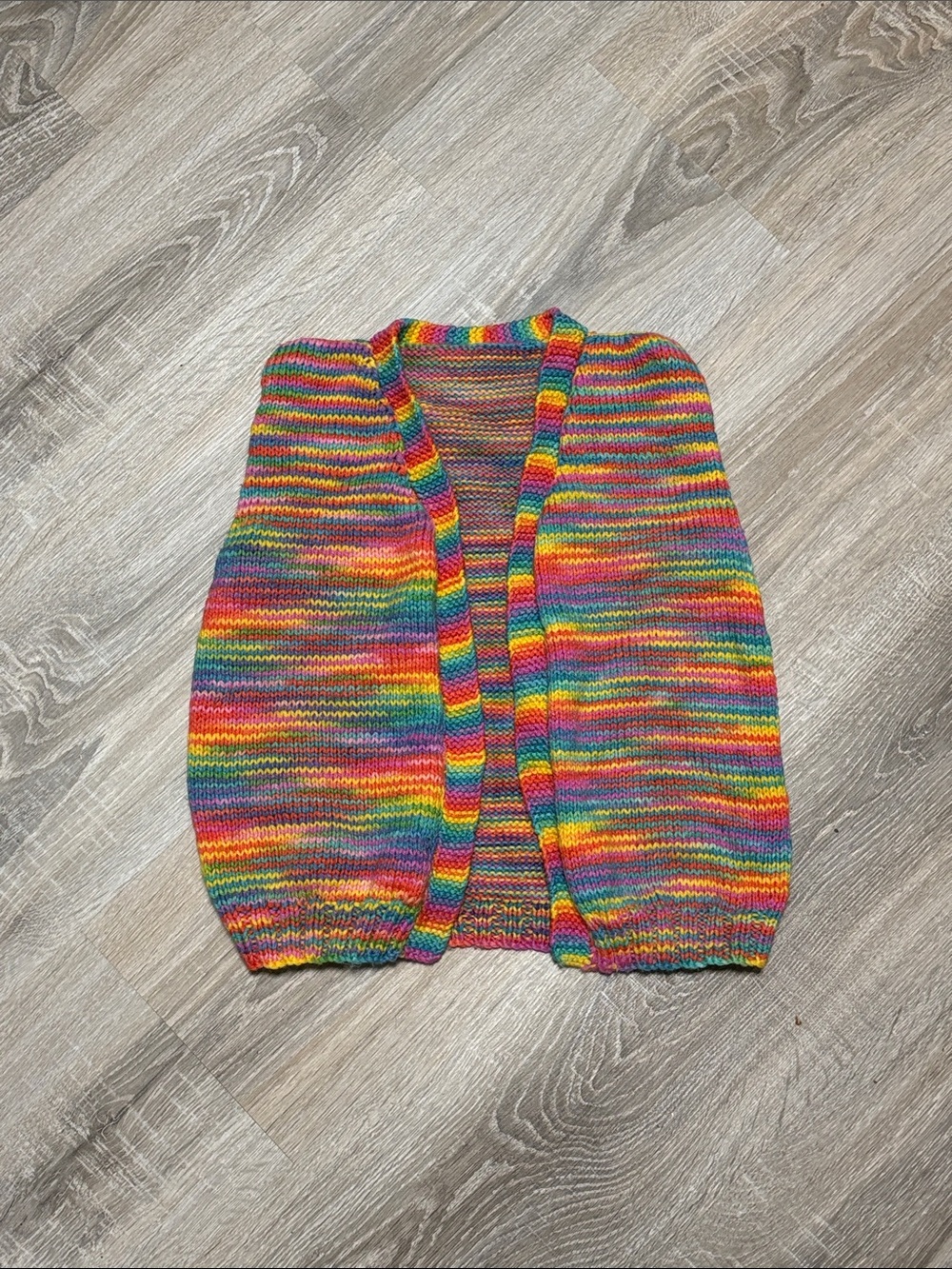 Hand-Knit Rainbow Striped Open Cardigan